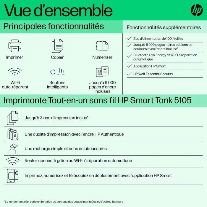 HP Smart Tank 5105 - Imprimante Multifonction Couleurs avec Wi-Fi, Bluetooth, USB et Réservoir d'Encre Rechargeable