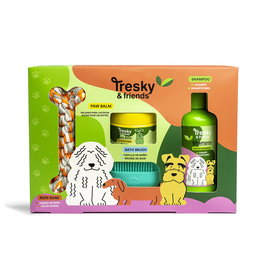 Tresky & Friends Coffret de Soin et Nettoyage pour Chien 4 Pièces avec Shampoing, Baume, Brosse et Jouet en Os - Parfait pour un Pelage Brillant et Doux