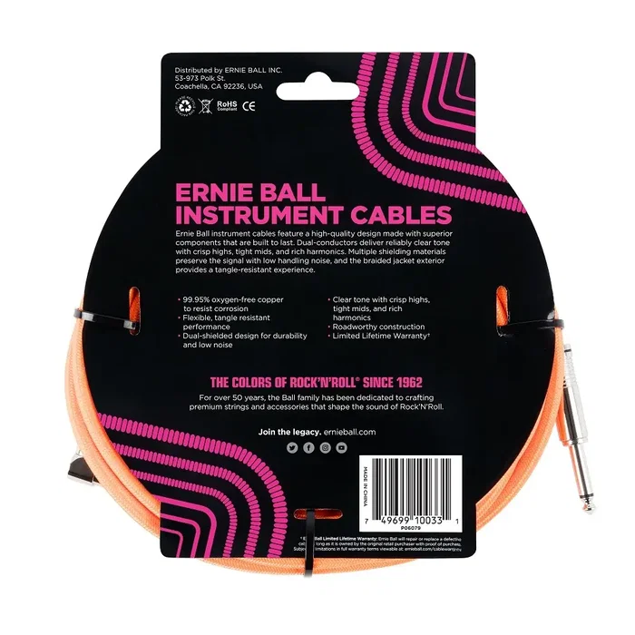 Ernie Ball Câble d'instrument tressé Jack-Jack 2,54 m Orange / Néon Ernie Ball Câble d'instrument tressé Jack-Jack 2,54 m Orange / Néon