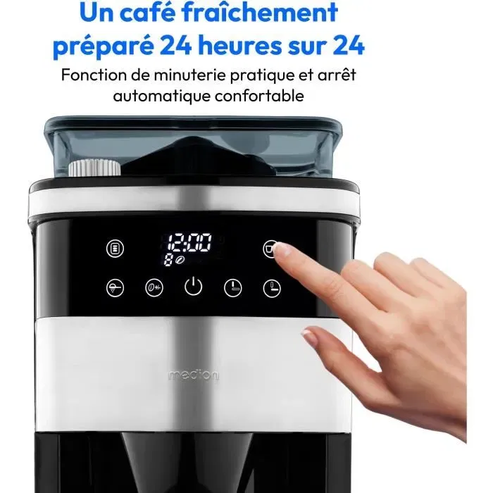MEDION Cafetière Filtre Digitale Isotherme avec Broyeur Intégré 1000W 1.0L Capacité Carafe Argent