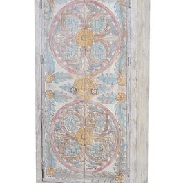 GINER Y COLOMER - Armoire en bois de manguier 2 portes 3 étagères, finition blanc vieilli et détails multicolores, 180 x 90 x 40 cm