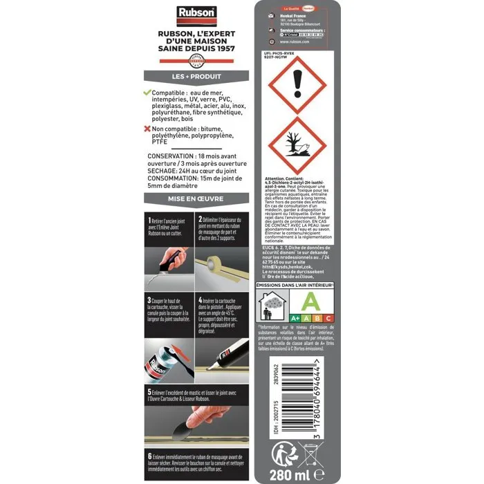 Rubson Mastic Noir Special Materials Auto-Bateaux - 280ml - Etanchéité, collage et réparation pour auto, caravane, moto, bateau