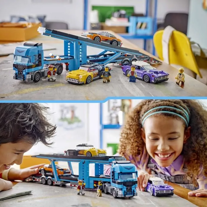LEGO 60408 Le camion de transport de voitures de sport, set de construction avec 3 véhicules et 4 minifigurines pour enfants