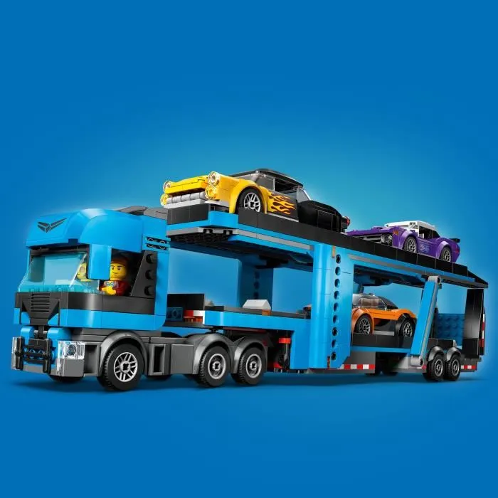 LEGO 60408 Le camion de transport de voitures de sport, set de construction avec 3 véhicules et 4 minifigurines pour enfants