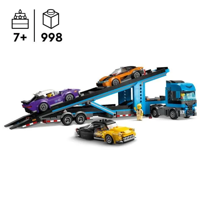 LEGO 60408 Le camion de transport de voitures de sport, set de construction avec 3 véhicules et 4 minifigurines pour enfants