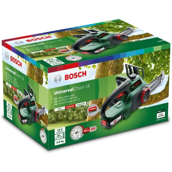 Bosch UniversalChain 18 - Tronçonneuse sans fil 18V avec batterie 2,5Ah et chaîne Oregon - Puissance constante pour coupe rapide et efficace