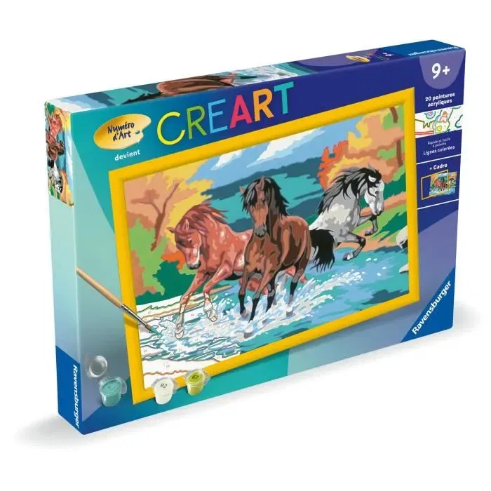 Ravensburger Kit de Peinture par Numéros 25846 CreArt Kids - Horde de Chevaux 31x21cm avec Cadre, 20 Pots et Pinceau, Lignes Pré-peintes, À partir de 9 ans