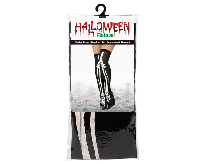 Medias Collants Femme Noires à Motif Squelette Blanc pour Déguisement Halloween - Adulte