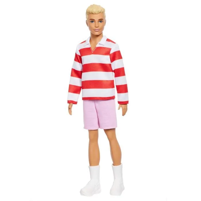 Barbie - Poupée Ken Fashionistas HYV01 avec haut à rayures rouges et short, boots blanches Barbie - Poupée Ken Fashionistas HYV01 avec haut à rayures rouges et short, boots blanches