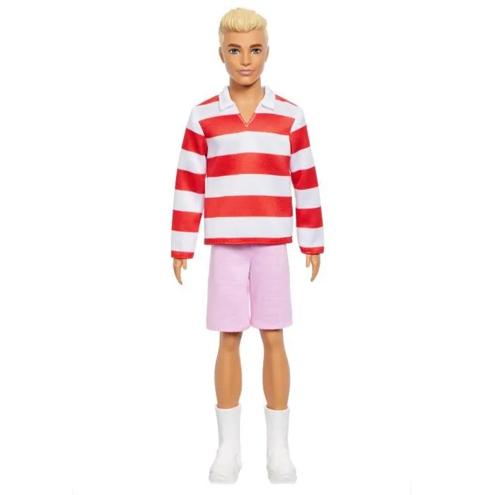 Barbie - Poupée Ken Fashionistas HYV01 avec haut à rayures rouges et short, boots blanches Barbie - Poupée Ken Fashionistas HYV01 avec haut à rayures rouges et short, boots blanches