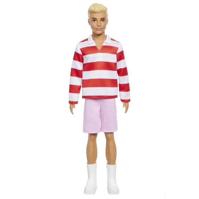 Barbie - Poupée Ken Fashionistas HYV01 avec haut à rayures rouges et short, boots blanches Barbie - Poupée Ken Fashionistas HYV01 avec haut à rayures rouges et short, boots blanches