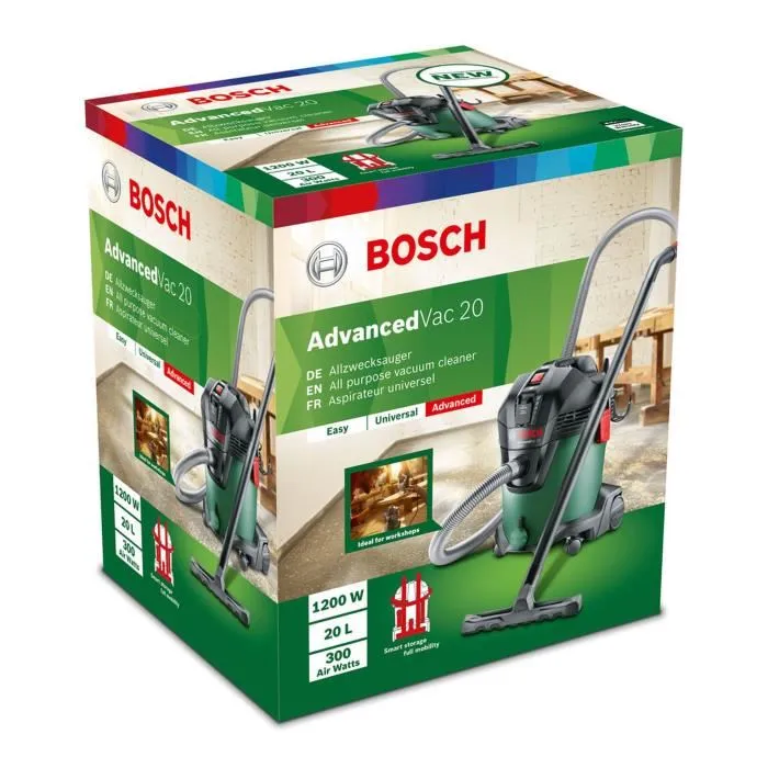 Bosch AdvancedVac 20 - Aspirateur eau et poussière 1200 W, 260 mbar / 70 l/s, 20 L, avec accessoires, pour nettoyage efficace des sols