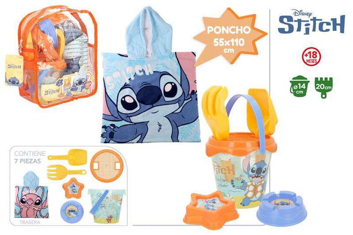 Color Baby Set Mochila Cubo Playa Stitch avec 3 Accessoires et Poncho