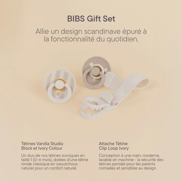 Bibs Coffret cadeau bébé - Sucette & attache - Embout rond - T1 - Ivory