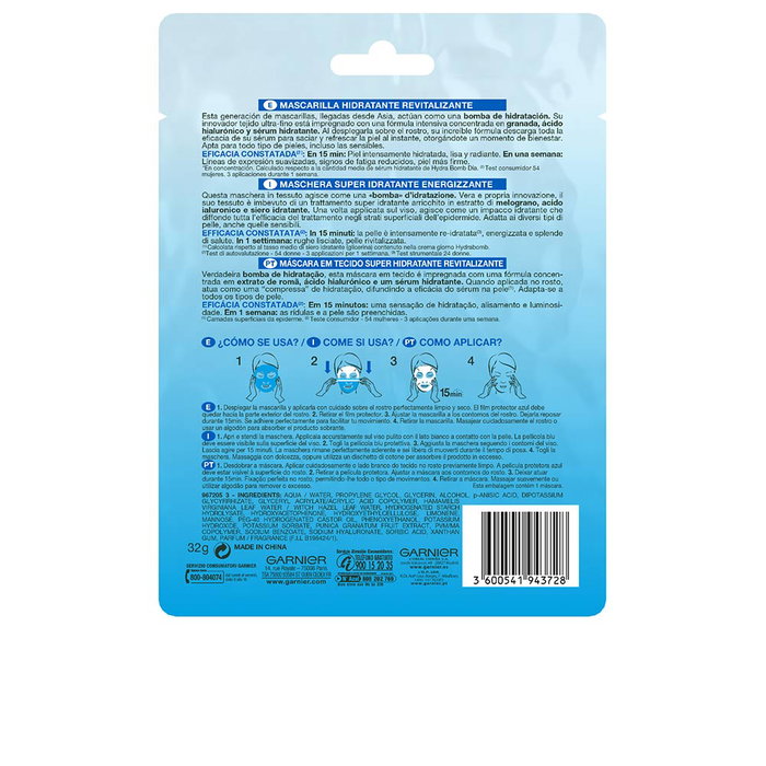 Garnier SKINACTIVE HYDRABOMB Masque Visage Hydratant Revitalisant pour Peaux Déshydratées 1 Unité