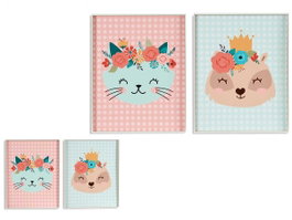 GIFTDECOR Tableau enfant animaux avec fleurs Bleu + Rose 40x50cm Lot de 2