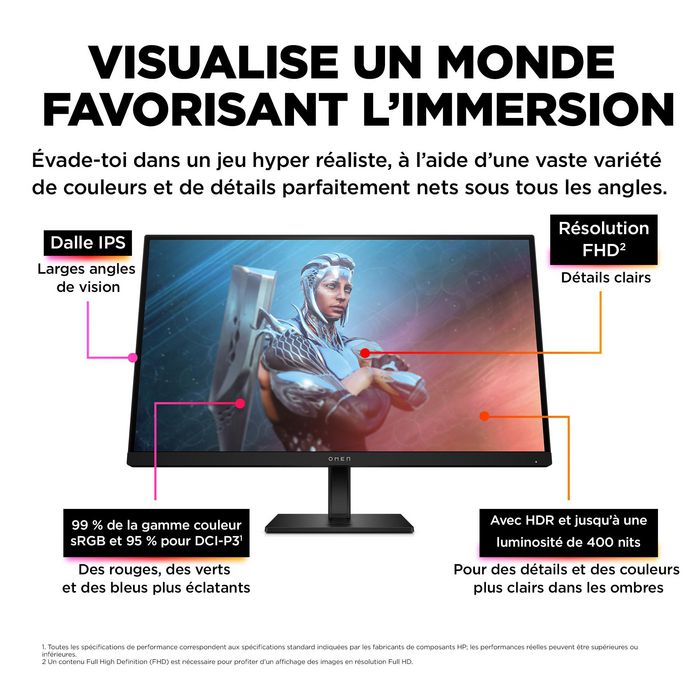 HP Omen 27 - Écran PC Gamer 27 pouces FHD 165 Hz 1ms avec technologie AMD FreeSync Premium - HDR, pied réglable