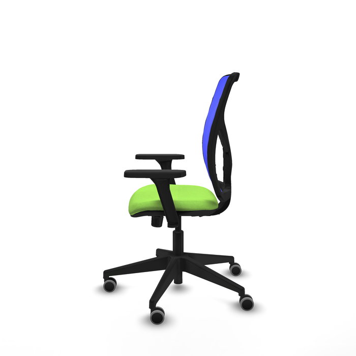Chaise Motilla Synchro 3 positions tissu Vert pistache Maille Bleu Base pyramidale noire Accoudoir 3D Sans appui-tête Roulettes 65mm pour moquette