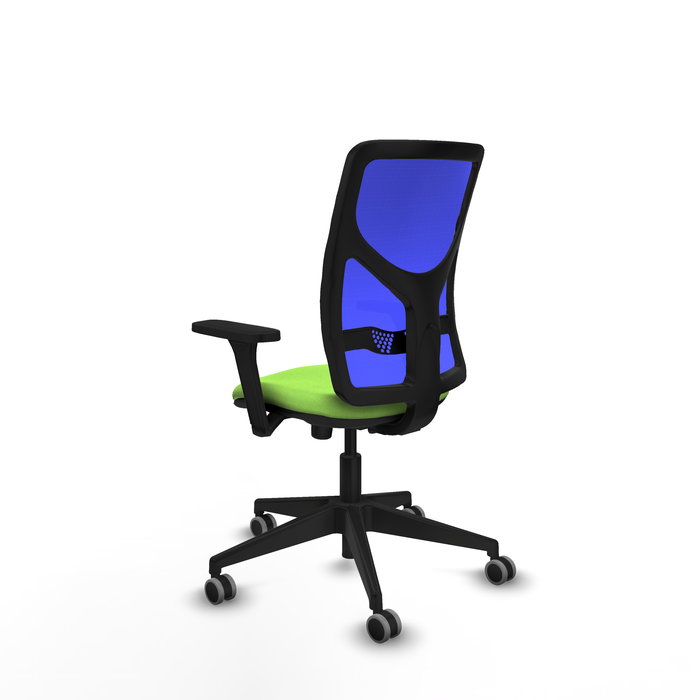 Chaise Motilla Synchro 3 positions tissu Vert pistache Maille Bleu Base pyramidale noire Accoudoir 3D Sans appui-tête Roulettes 65mm pour moquette