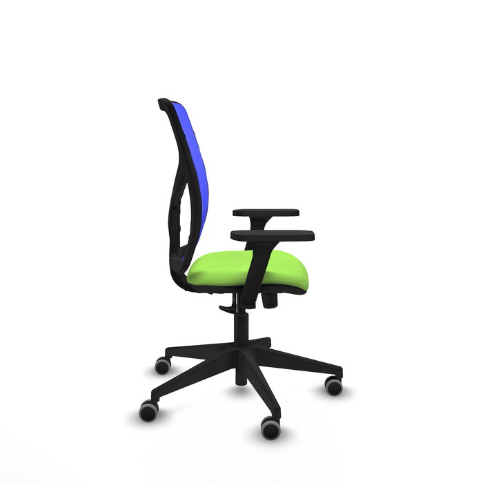 Chaise Motilla Synchro 3 positions tissu Vert pistache Maille Bleu Base pyramidale noire Accoudoir 3D Sans appui-tête Roulettes 65mm pour moquette