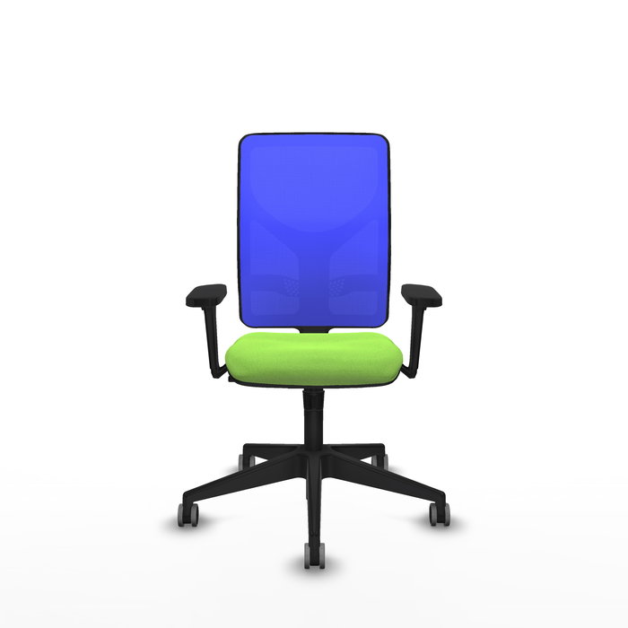 Chaise Motilla Synchro 3 positions tissu Vert pistache Maille Bleu Base pyramidale noire Accoudoir 3D Sans appui-tête Roulettes 65mm pour moquette