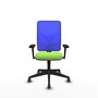 Chaise Motilla Synchro 3 positions tissu Vert pistache Maille Bleu Base pyramidale noire Accoudoir 3D Sans appui-tête Roulettes 65mm pour moquette