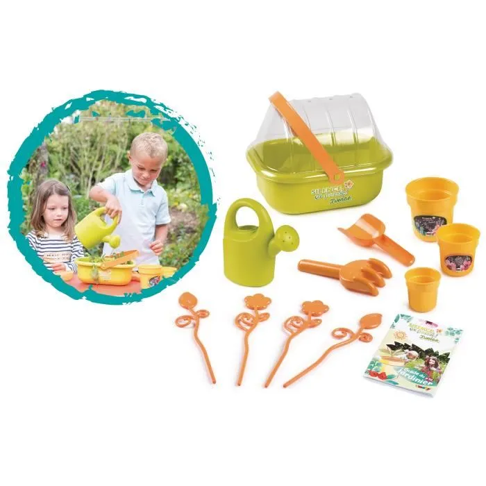Smoby - Mini serre Silence ça Pousse avec poignée, jouet jardinage enfant + accessoires (arrosoir, tuteurs, outils) - Fabrication française