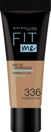Maybelline Fit Me Matte + Poreless Fond de teint liquide 30 ml - Teint matifié longue tenue - Réf. 336 Olive chaude