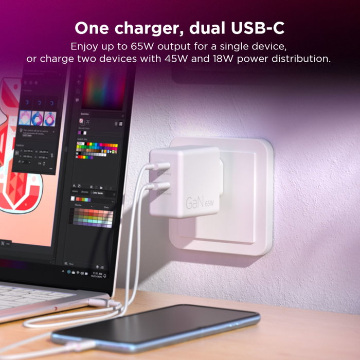 Lenovo Chargeur USB-C 65W avec 2 ports USB-C