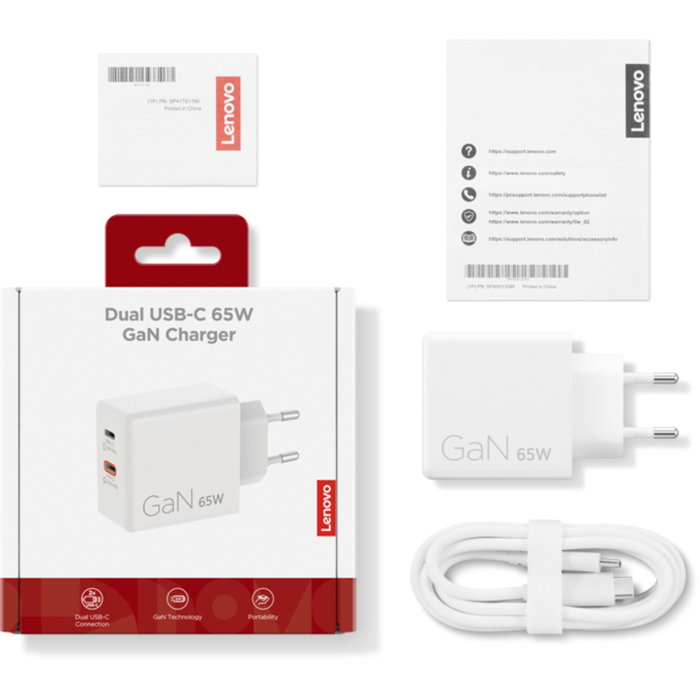Lenovo Chargeur USB-C 65W avec 2 ports USB-C