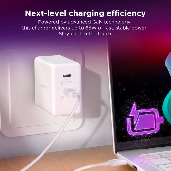 Lenovo Chargeur USB-C 65W avec 2 ports USB-C