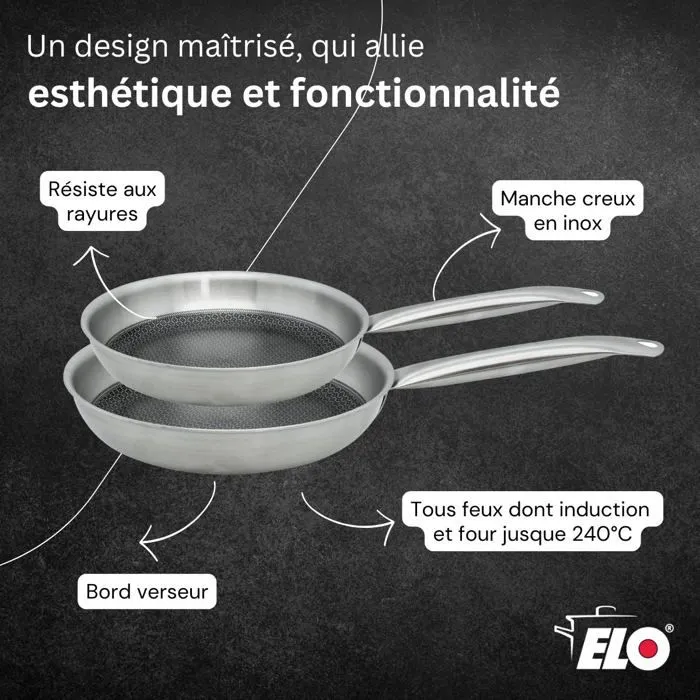 Elo Set de 2 Poêles à Induction 24 cm et 28 cm en Inox 18/10 avec Revêtement Antiadhésif ELODUR Select Sans PFAS - Compatible Tous Feux et Four (240°C) Elo Set de 2 Poêles à Induction 24 cm et 28 cm en Inox 18/10 avec Revêtement Antiadhésif ELODUR Select Sans PFAS - Compatible Tous Feux et Four (240°C)