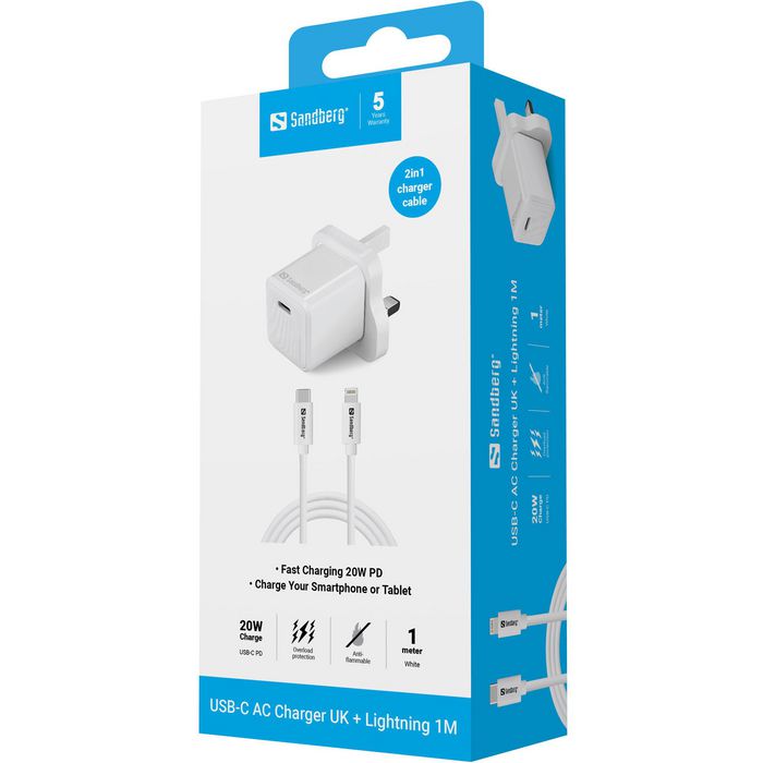 Sandberg Chargeur mural USB-C 20W PD avec câble Lightning 1 m pour iPhone et iPad - Charge rapide - 2 en 1