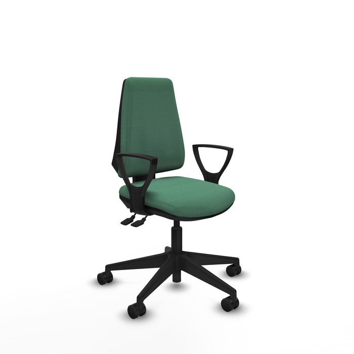 Chaise Elche Asynchrone Tissu Vert émeraude Base pyramidale noire Accoudoirs fixes Sans appui-tête Roulettes 65mm nylon Chaise Elche Asynchrone Tissu Vert émeraude Base pyramidale noire Accoudoirs fixes Sans appui-tête Roulettes 65mm nylon