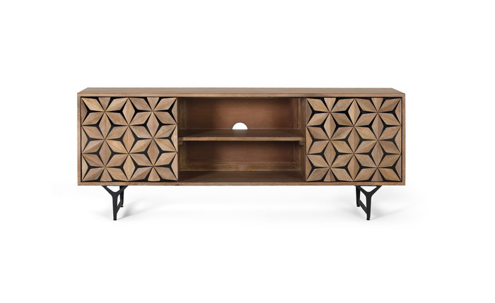 GINER Y COLOMER - Meuble TV en bois de manguier et métal avec 2 portes et 2 étagères - Espace de rangement, design moderne, finition naturelle et noir GINER Y COLOMER - Meuble TV en bois de manguier et métal avec 2 portes et 2 étagères - Espace de rangement, design moderne, finition naturelle et noir