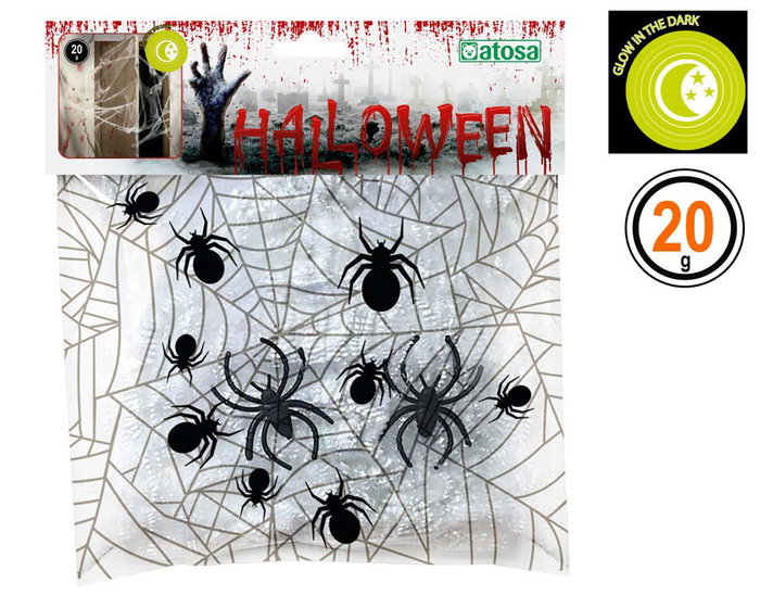 Spite 404717 Toile d'araignée phosphorescente blanche pour Halloween, brillante dans le noir, avec araignées noires incluses, décor effrayante pour fête et maison Spite 404717 Toile d'araignée phosphorescente blanche pour Halloween, brillante dans le noir, avec araignées noires incluses, décor effrayante pour fête et maison
