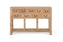 GINER Y COLOMER Console d'entrée en bois massif de mindi avec 9 tiroirs, étagère ouverte - Dimensions 120x30x? cm