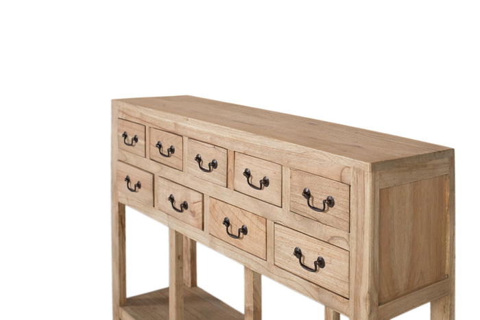 GINER Y COLOMER Console d'entrée en bois massif de mindi avec 9 tiroirs, étagère ouverte - Dimensions 120x30x? cm