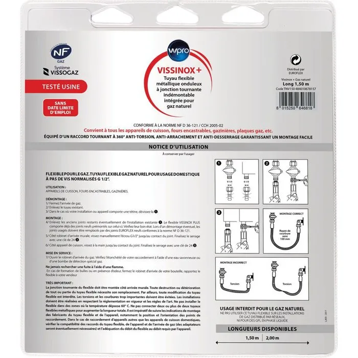 Wpro Tuyau gaz inox TNV150 Gaz naturel Anti-torsion 1,5 m
