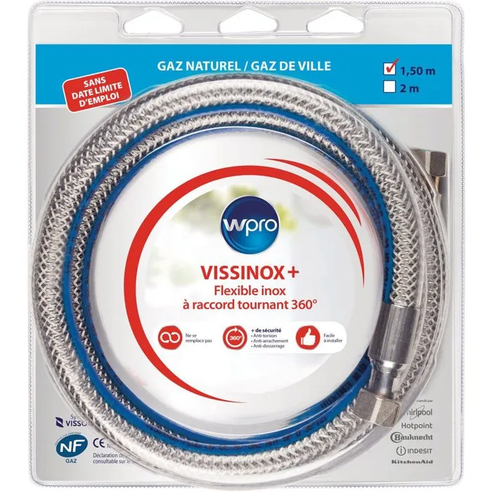 Wpro Tuyau gaz inox TNV150 Gaz naturel Anti-torsion 1,5 m