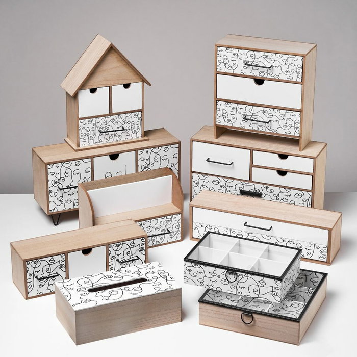 BigBuy Home Boîte à bijoux ONE LINE Blanc Noir Naturel Bois MDF
