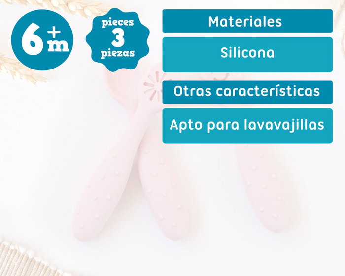 KioKids Set de 3 couverts en silicone rose pour bébé +6 mois, pré-cuillère, cuillère, pré-fourchette, design souriant, sécuritaires, lavable au lave-vaisselle