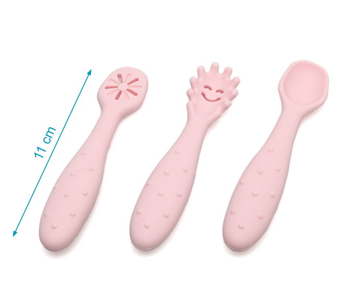 KioKids Set de 3 couverts en silicone rose pour bébé +6 mois, pré-cuillère, cuillère, pré-fourchette, design souriant, sécuritaires, lavable au lave-vaisselle