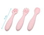 KioKids Set de 3 couverts en silicone rose pour bébé +6 mois, pré-cuillère, cuillère, pré-fourchette, design souriant, sécuritaires, lavable au lave-vaisselle