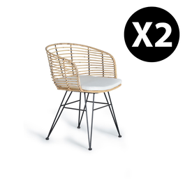GINER Y COLOMER Lot de 2 chaises en rotin et métal naturel avec coussin - Style moderne et rustique - Siège 48x48 cm, nécessite assemblage