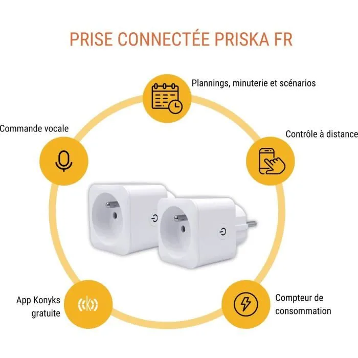 KONYKS Priska FR - Lot de 2 Prises Connectées Dual Pack Wi-Fi et Bluetooth 16A avec Compteur d'Énergie, Compatibles Alexa et Google Assistant