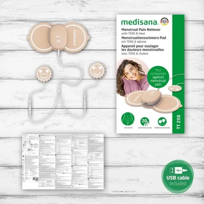Medisana TT 250 TENS - Appareil de soulagement des douleurs menstruelles, 4 électrodes, avec chaleur, pour ventre et dos, 20 niveaux, rechargeable, 30h d'autonomie, couleur beige