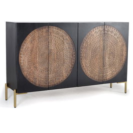 GINER Y COLOMER Buffet 4 portes en bois de manguier et métal, finition noyer vieilli, 90 x 145 x 40 cm