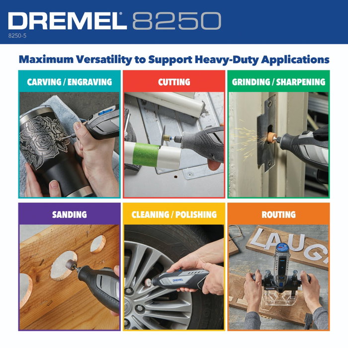 Dremel 8250 - Outil rotatif multifonction sans fil 12V avec moteur Brushless, 65 accessoires, 5 adaptations, 1 batterie 2Ah (5.000 à 30.000 tr/min) extra-robuste