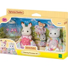 Sylvanian Families 5809 - Les Princesses en Robes à Fleurs - Set de 4 Figurines Articulées: Fille Lapin Chocolat, Chat Persan, Bébé Husky et Biche avec Accessoires